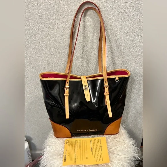 Dooney & Bourke Black Patent Tote with Tan Trim and Pink Interior w/ Reg. paper - Picture 2 of 13